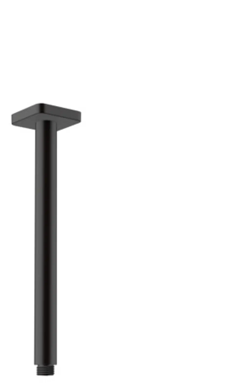 Schwarzer Deckenanschluss mit quadratischer Oberseite und länglichem, zylindrischem Körper. Das Produkt gehört zur Marke Hansgrohe.